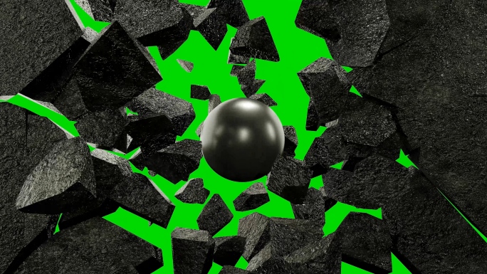 黑色墙面，黑球碰撞破碎掉落的绿幕通道素材