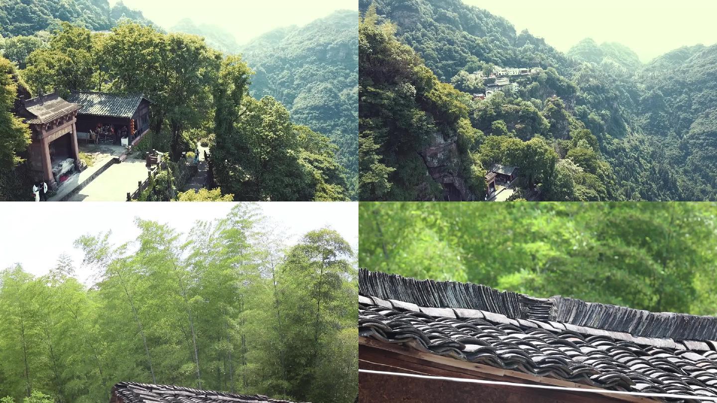 竹子瓦屋青山绿水乡村山村