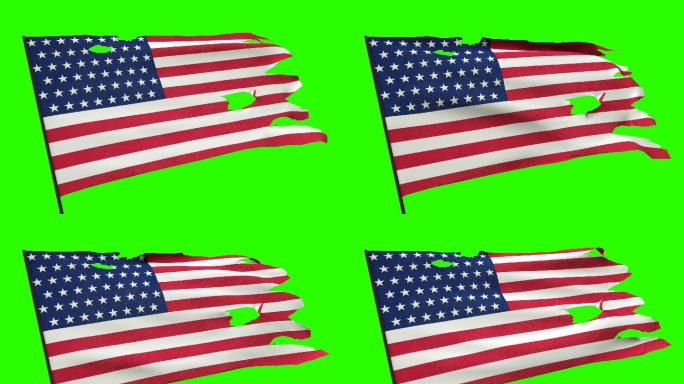 破损的美国国旗飘扬循环动画，绿幕可抠像
