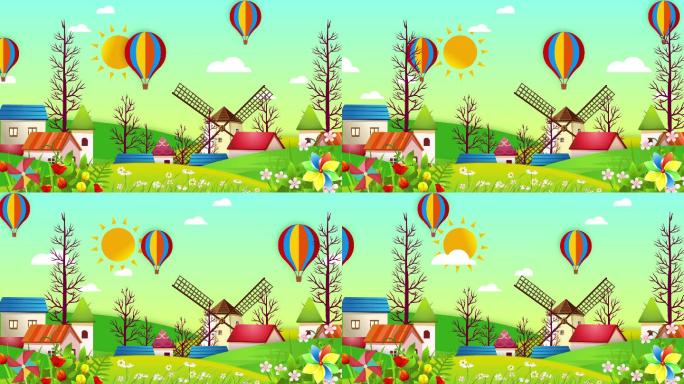 4K卡通气球村庄背景循环