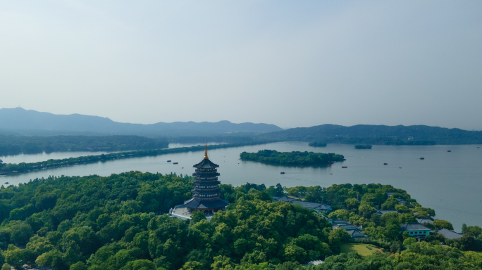 4k航拍杭州雷峰塔西湖及周边景色