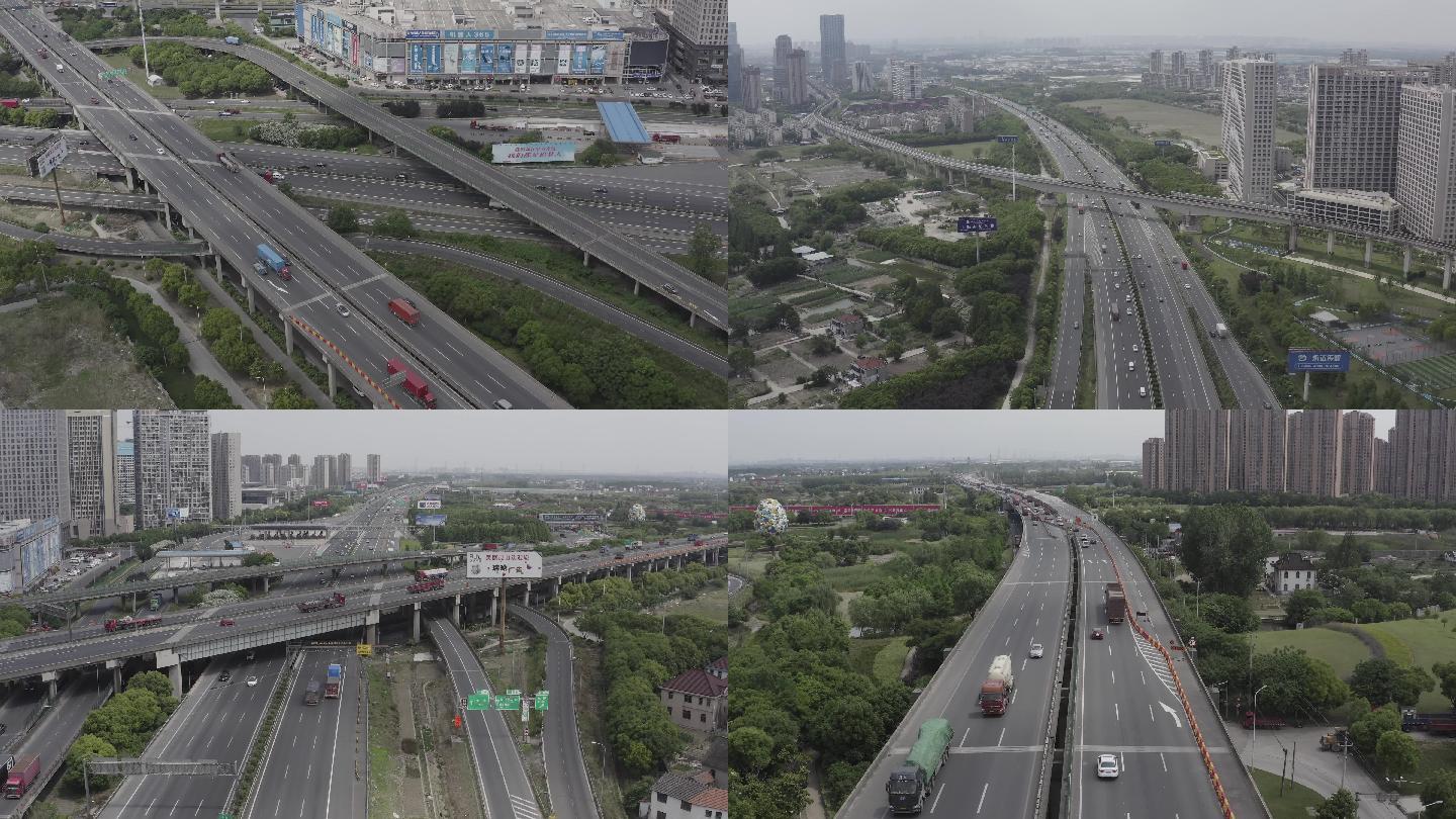 航拍上海京沪高速与上海绕城高速车流4K