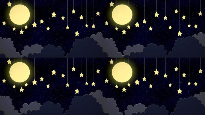 卡通剪纸夜晚云层月亮星星