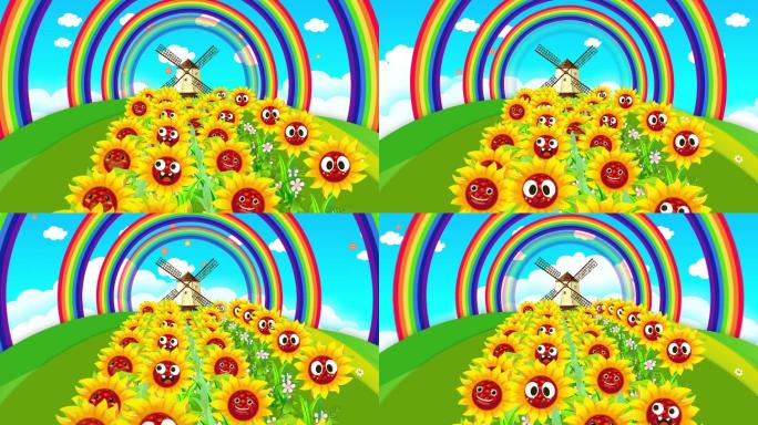 4K卡通向日葵彩虹背景循环