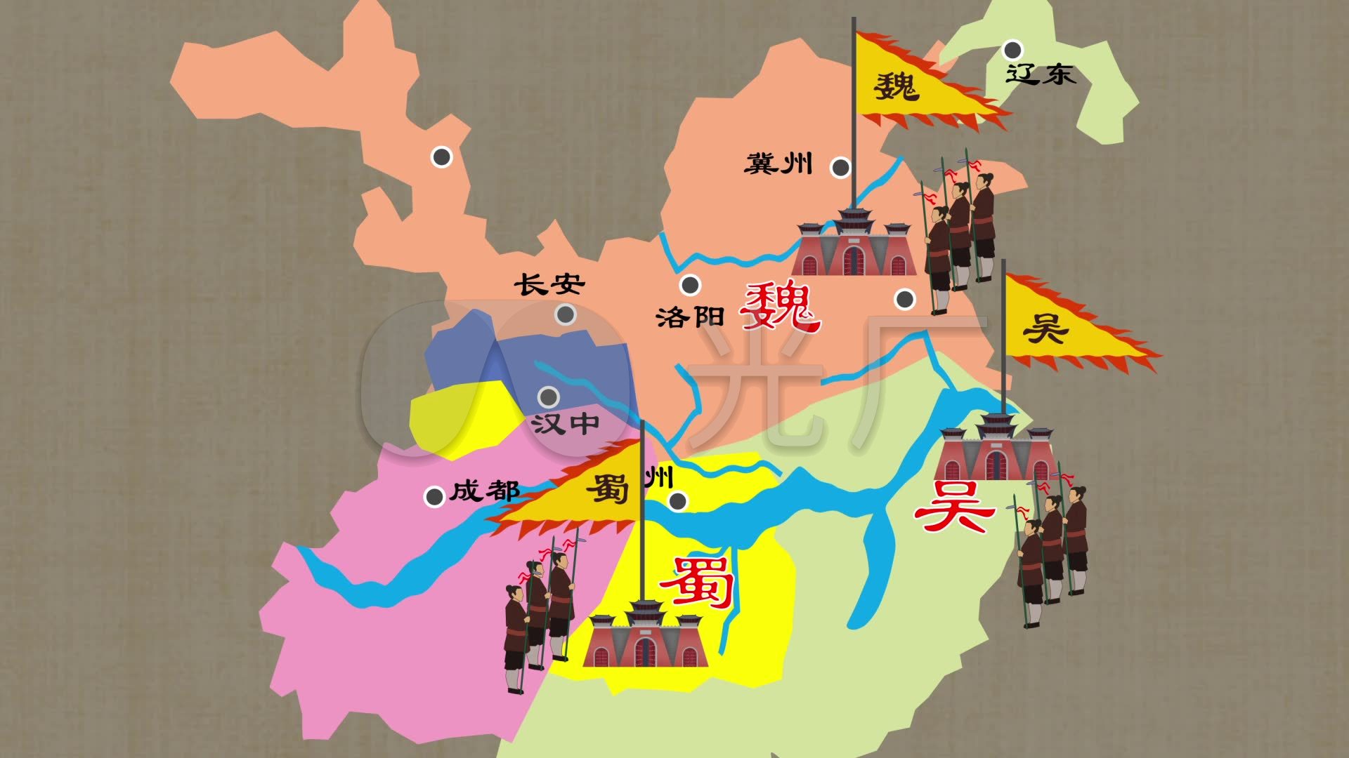 中国古代三国地图城楼士兵旗帜_AE模板