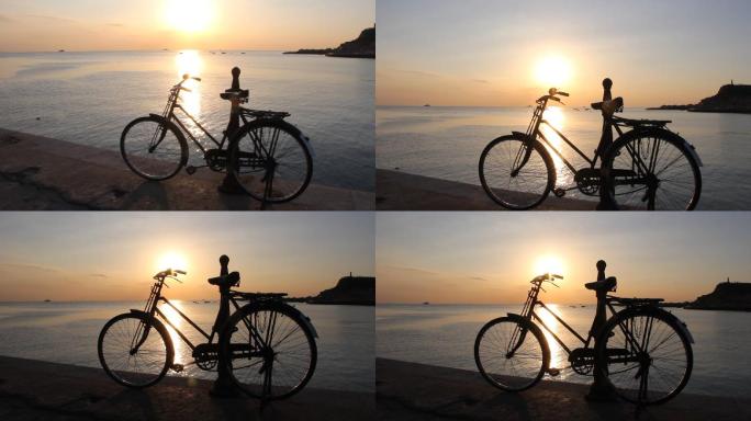 小岛海边自行车剪影