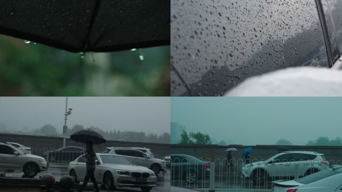 城市下雨、下雨街道、雨中的行人