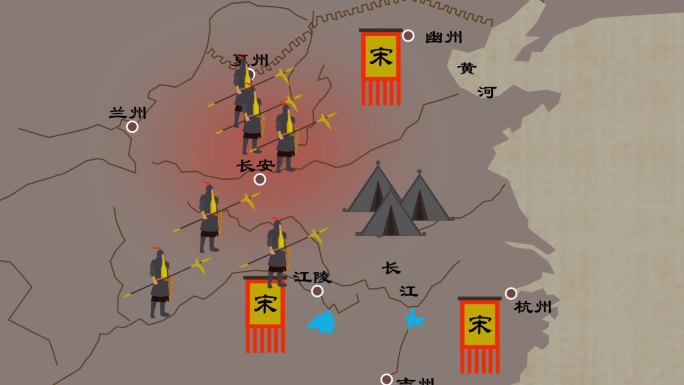 中国古代地图兵营士兵旗帜