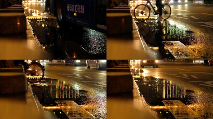 公交车离开车站路边下雨积水夜晚灯光虚幻光