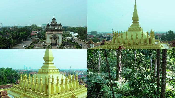 4K航拍老挝万象、佛教圣地、凯旋门