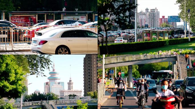 白天城市车流-行人天桥-北京街景4k