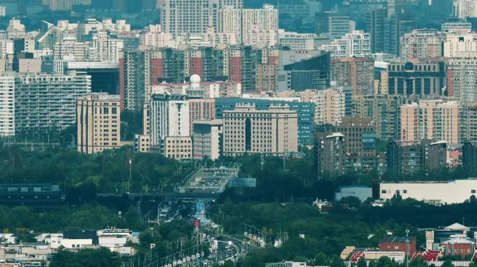 夏天炎热 俯瞰北京全景 高楼飞机低飞