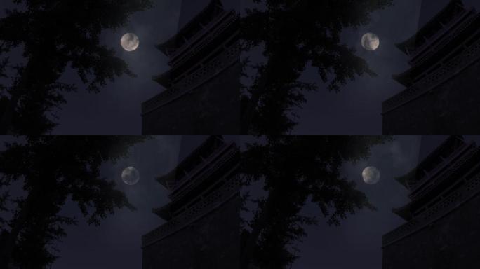 夜晚中国古建筑与圆月
