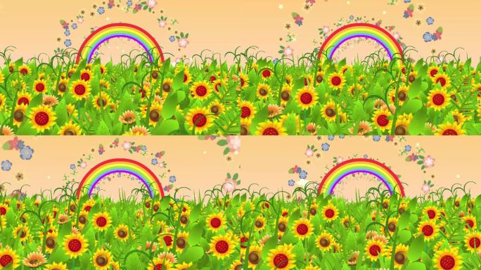 4K卡通花朵花海彩虹背景循环