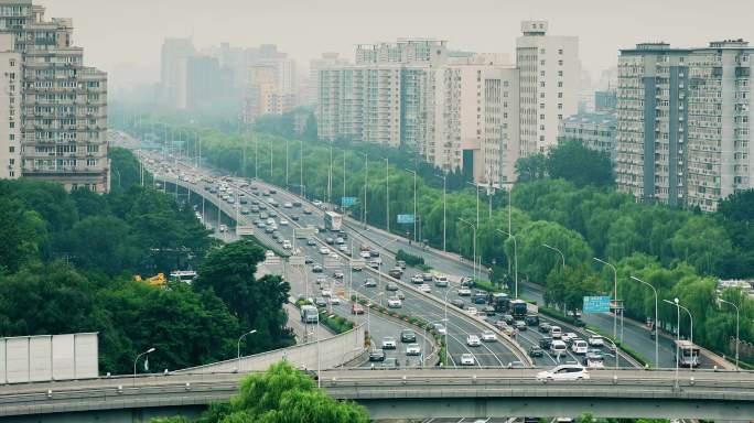 俯拍北京，,高架桥车流，东直门拥挤
