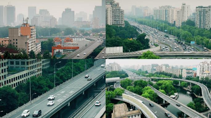 俯拍北京，,高架桥车流，东直门拥挤