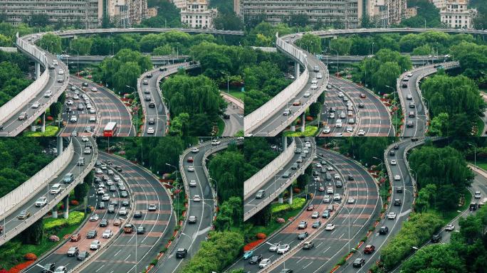 俯拍北京全景，高架桥车流，城市道路交通