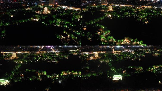 航拍大明湖风景区夜景