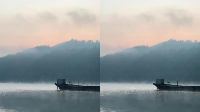 清晨日出湖面薄雾倒影湖光山色朝霞竖屏2