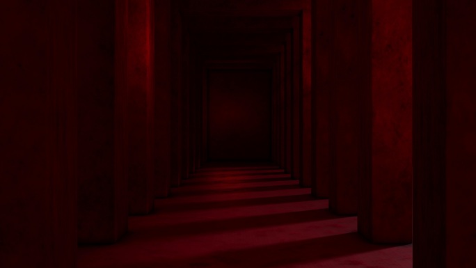 在深红色的古老隧道中前进