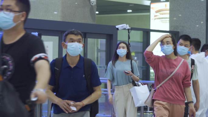 机场高铁体温检测戴口罩的人【4k原创】