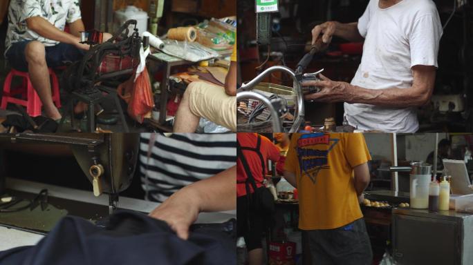 村镇老街，旧街缝纫机补鞋匠4k视频素材