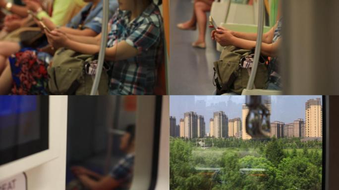 上海地铁车厢内乘客乘坐素材以及车外风景