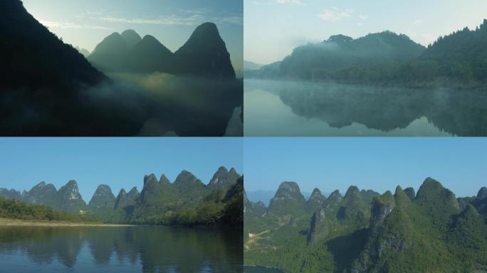 广西桂林山水甲天下喀斯特地貌日出航拍