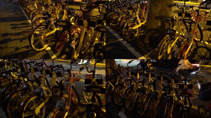 4K原素材-上海街头夜晚停放的共享单车