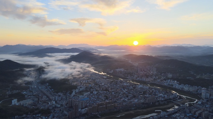 大别山城市日出风光4K航拍