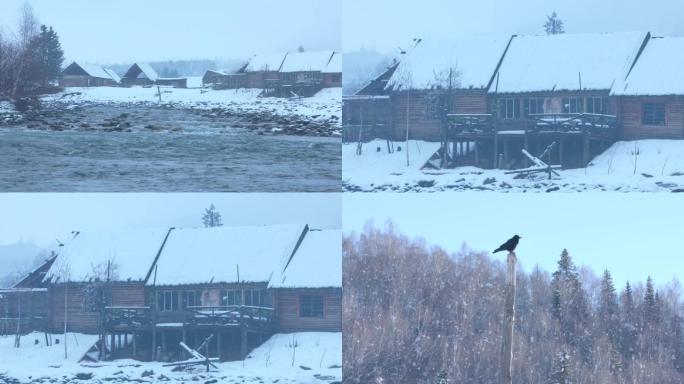 新疆雪乡禾木村木屋溪流雪景乌鸦空镜