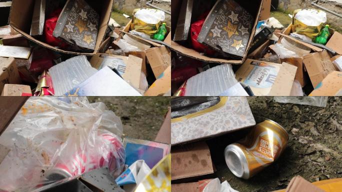 社区垃圾堆纸皮易拉罐垃圾乱放