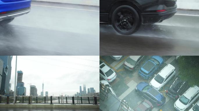 下雨汽车高速公路行驶车轮飞溅水花慢镜头