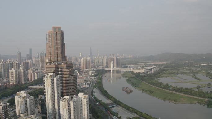 深圳香港河套地区落马洲航拍日落