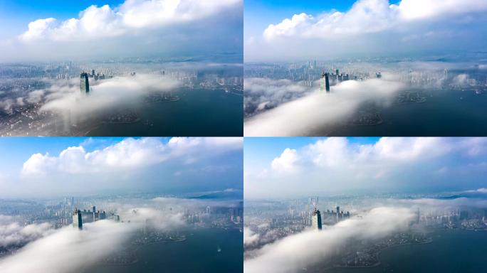 青岛城市风光平流雾航拍延时全景