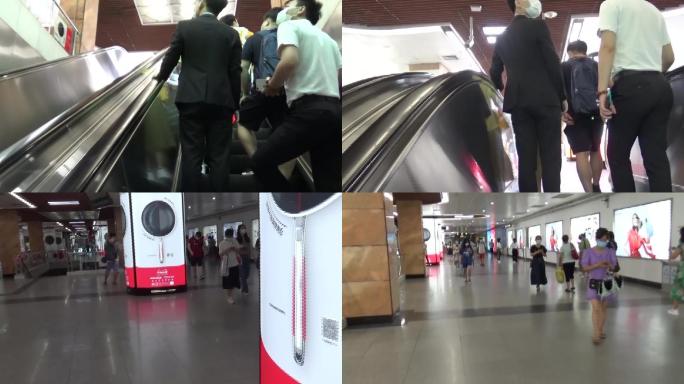 实拍周末广州地铁内市民搭乘手扶电梯出地铁