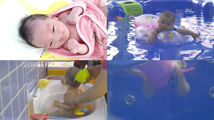 4K可爱的婴儿洗澡-新生儿游泳