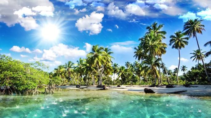 热带岛屿水塘——蓝天白云——太阳雨