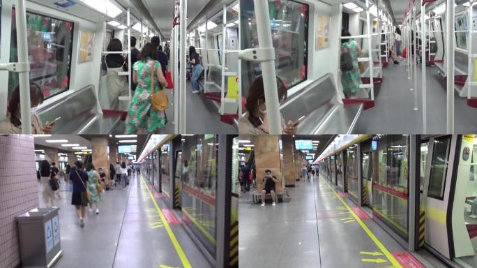 高清实拍，周末广州地铁内悠闲市民换乘地铁