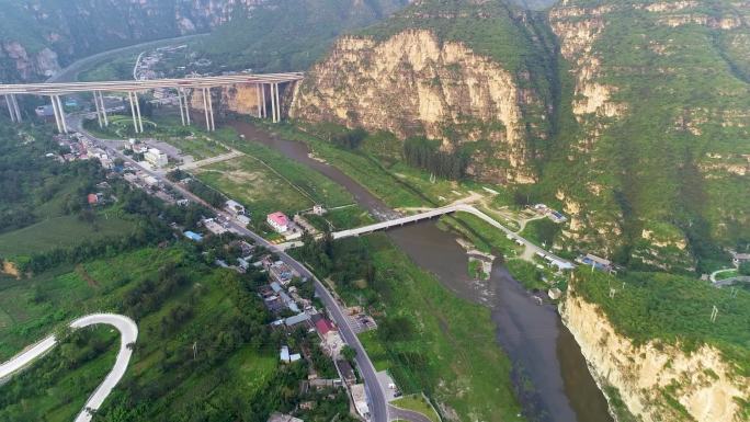 航拍河北省保定市野三坡拒马河上的桥