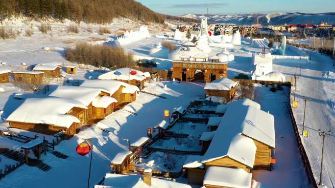 航拍内蒙古兴安盟阿尔山市清晨雪景2