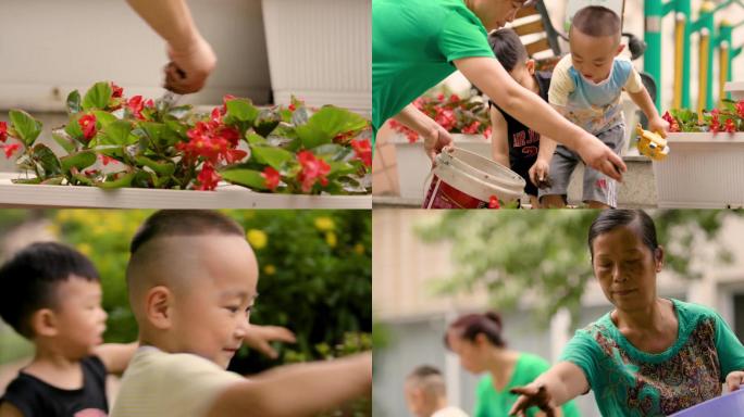 奶奶带着孙子给花施肥填土
