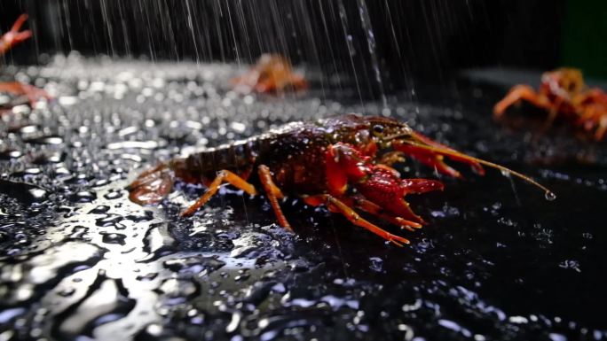 升格拍摄：小龙虾雨中素材