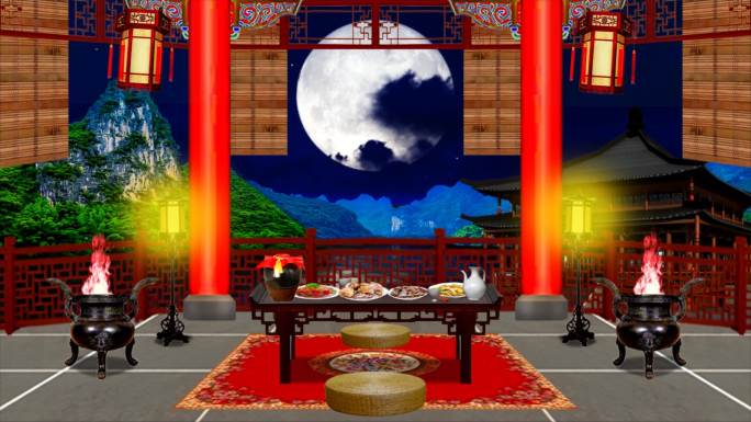 中国风古代阳台阁楼夜景月色