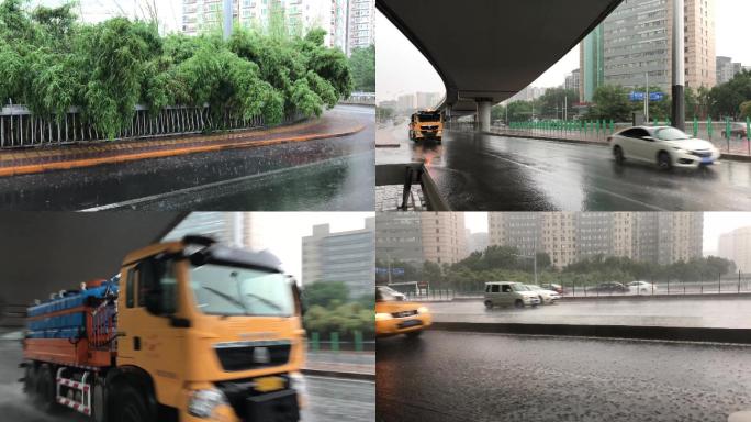 夏天暴雨 下雨 北京大雨-工程车【