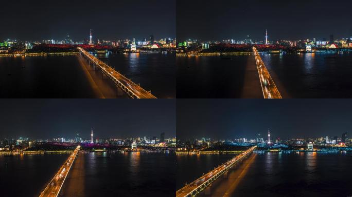 6K航拍武汉长江大桥夜景大范围延时