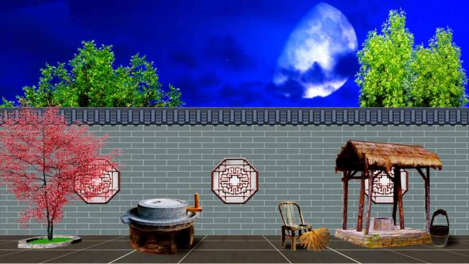 古代青砖墙石磨水井院子-夜景
