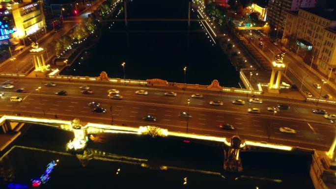 航拍天津市河东区海河大光明桥曲阜道夜景