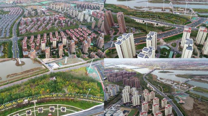 航拍天津市滨海新区中新生态城城市交通住宅