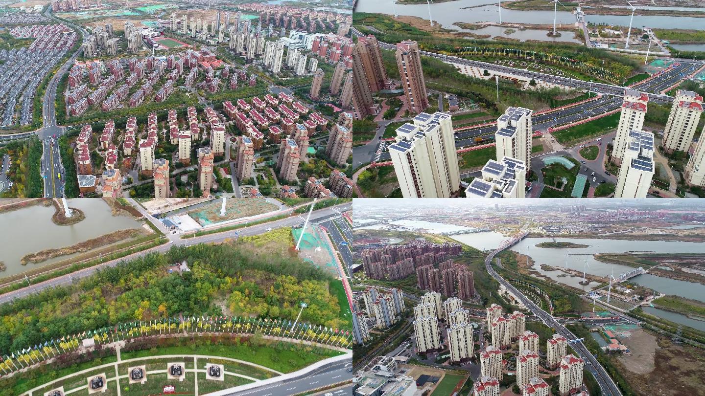 航拍天津市滨海新区中新生态城城市交通住宅